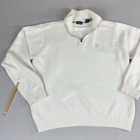 Izod 1/4 Zip Long Sleeve Sweater Men's Size L Ivory Collared Cotton Pullover - Picture 15 of 16